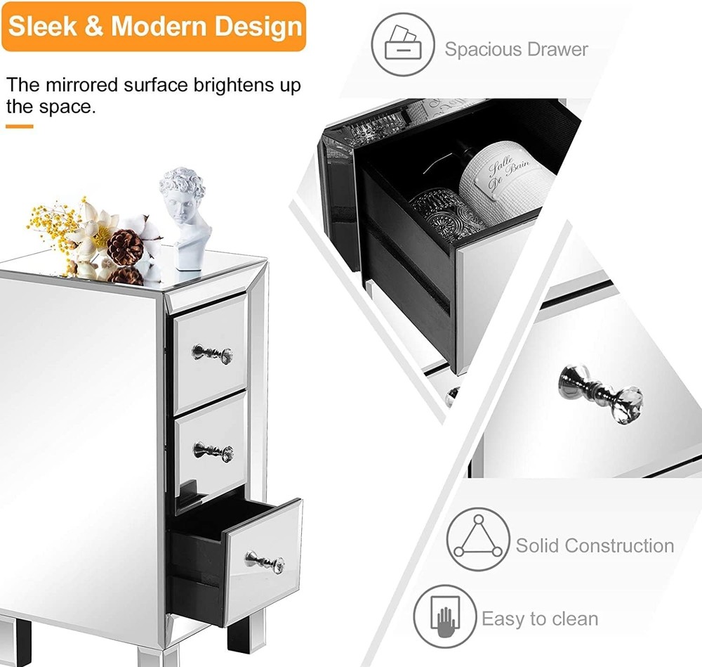 3-Drawer Mirrored Nightstand Set of 2, End Table, Bedside Table, bed sets