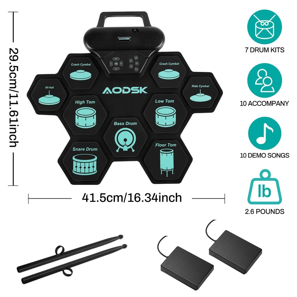 AODSK Electronic Drum Set,9 Practice Pad with Headphone Jack,Roll-up Machine ...