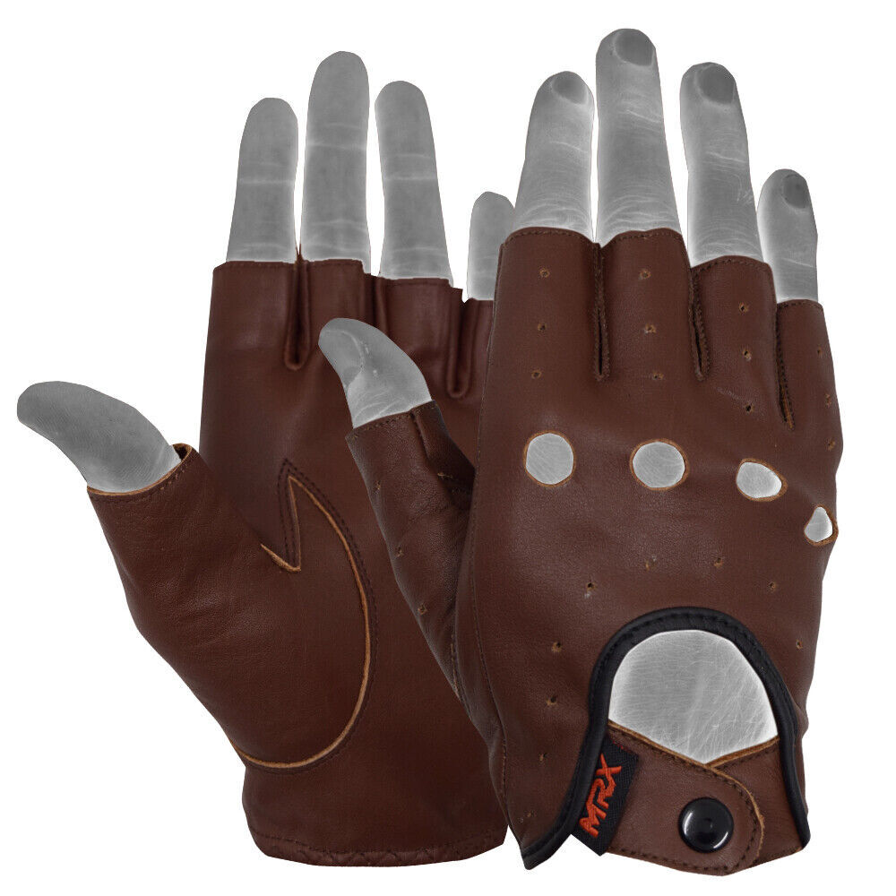 Mens Driving Gloves Basic Soft Goat Leather Fingerless Breathable Biker