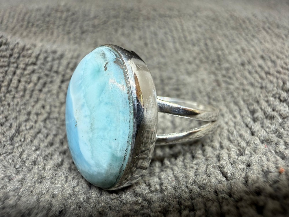 Solid 925 Sterling Silver Larimar Large Oval Blue Stone Handmade Boho Band Ring