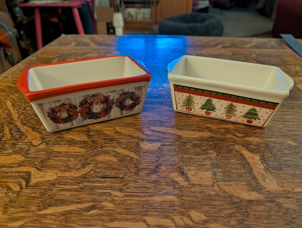 Two Miniature Ceramic Loaf Pans Christmas