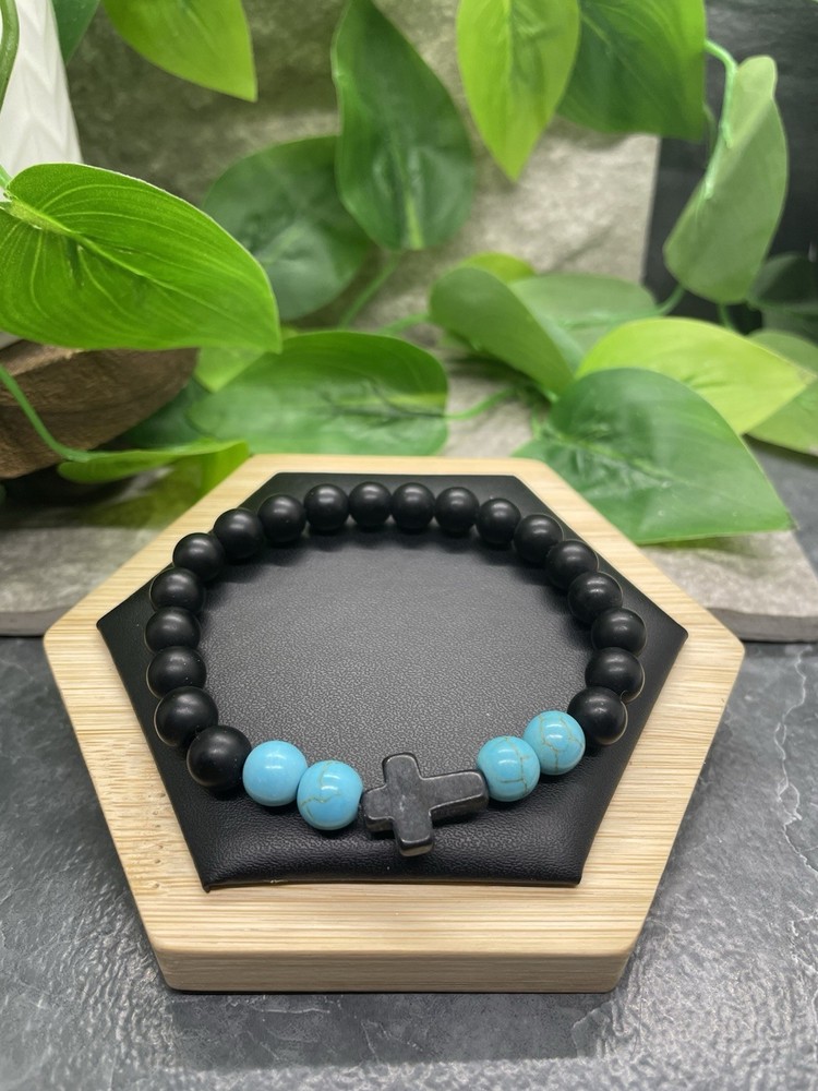 Handmade Stone Bead Stackable 7” Plus Stretch Bracelet Cross New Free Ship B8339