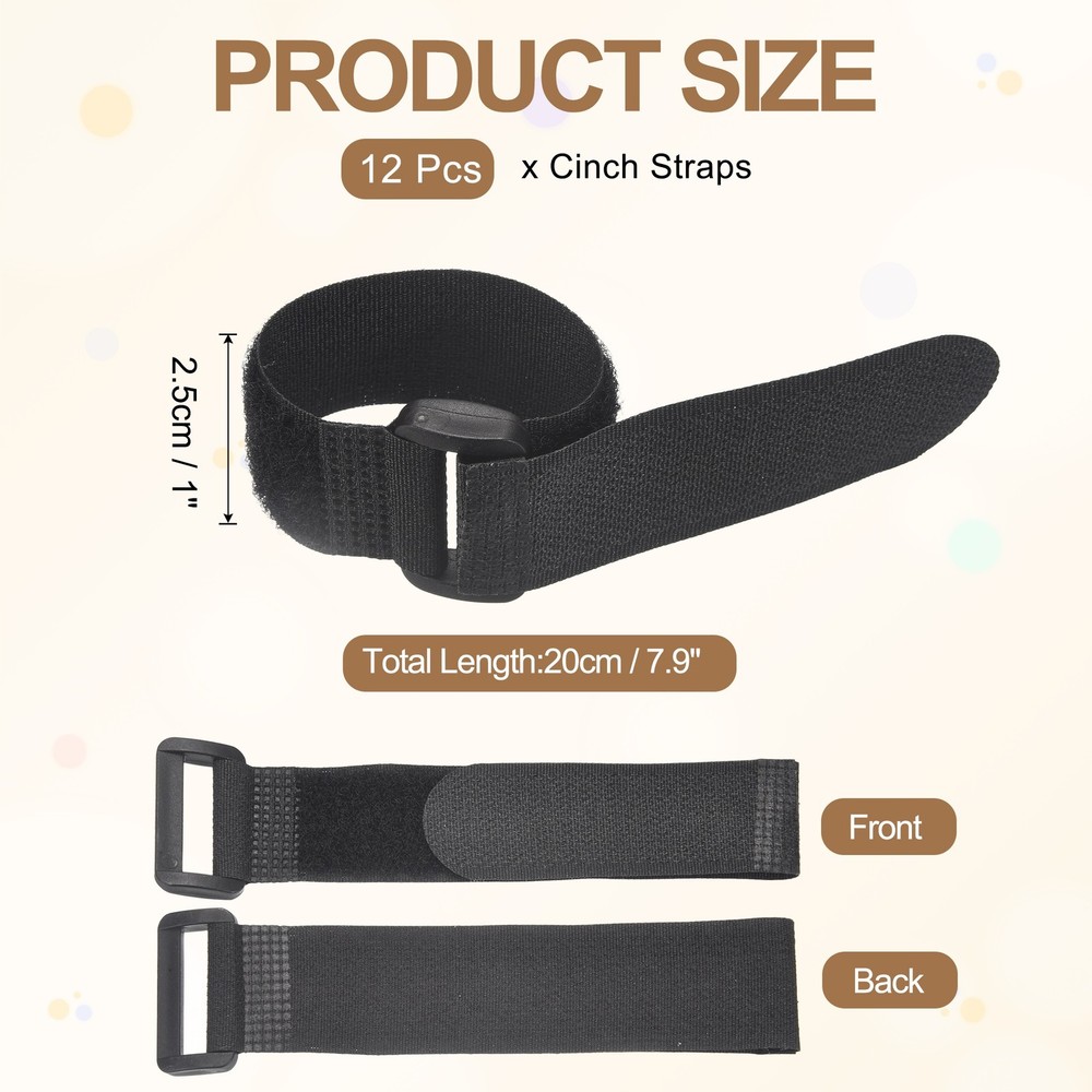 12pcs Reusable Cinch Straps 1"x7.9" Hook and Loop Cable Securing Straps, Black