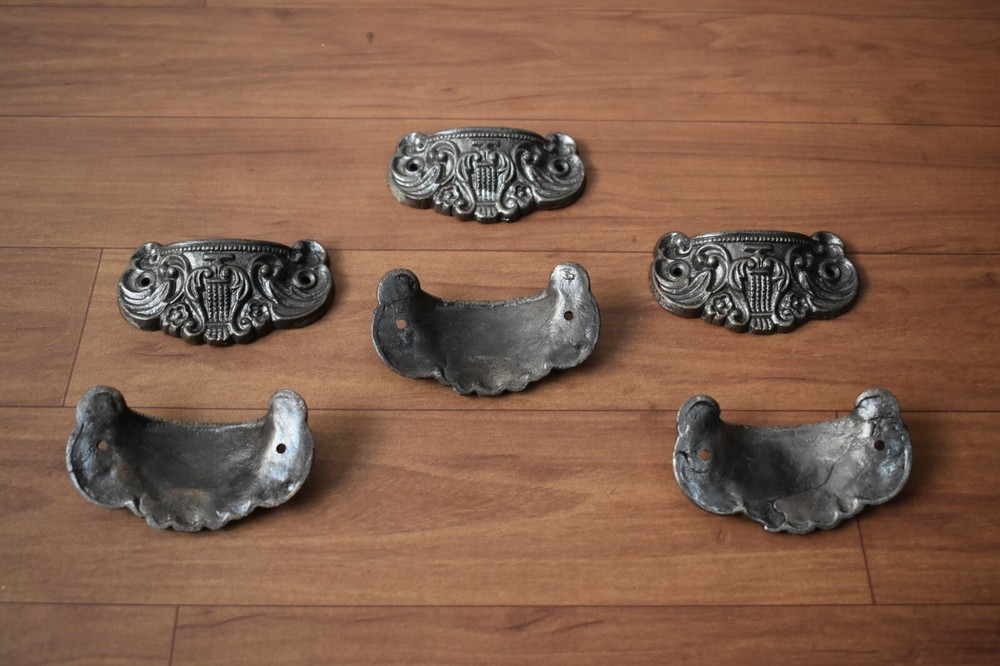 Victorian cast iron Cup cabinet drawer door knobs handles pull rustic 6 pcs