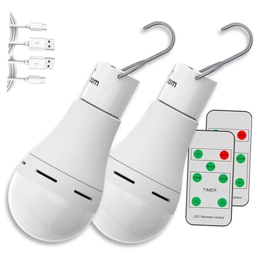 USB Rechargeable Light Bulbs with Remote, 4 Light Modes + Timer, 2 Pack White