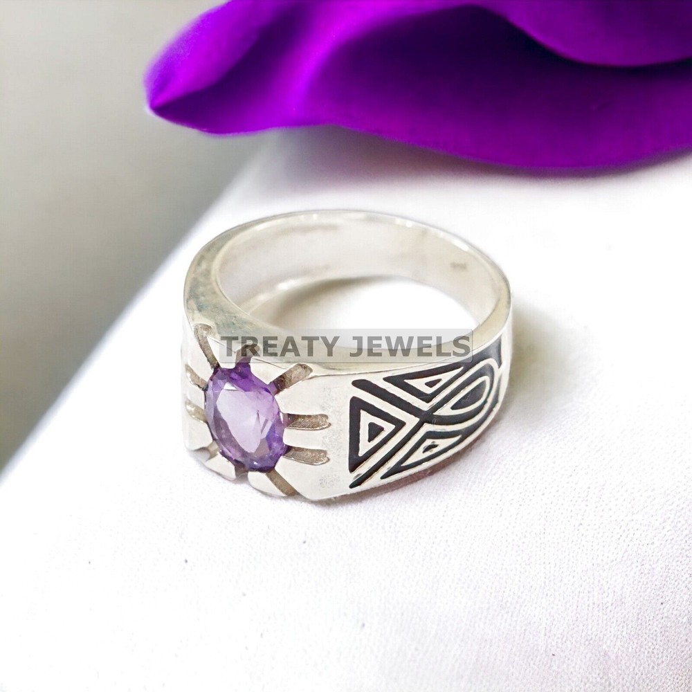 Alexandrite Round Cut Gemstone With 14K Solid White Gold Ring For Men's #54