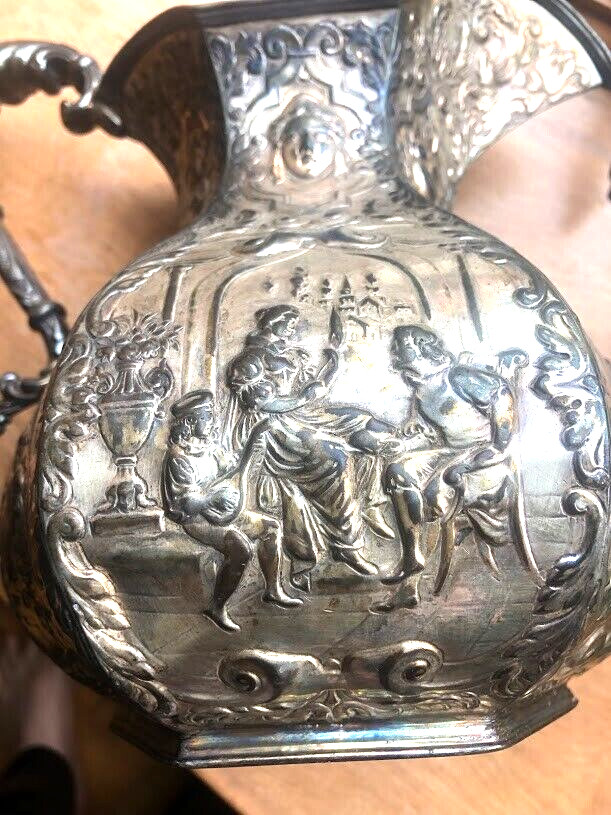 ANTIQUE 19TH CENTURY SILVER PLATED REPOUSSE WATER PITCHER
