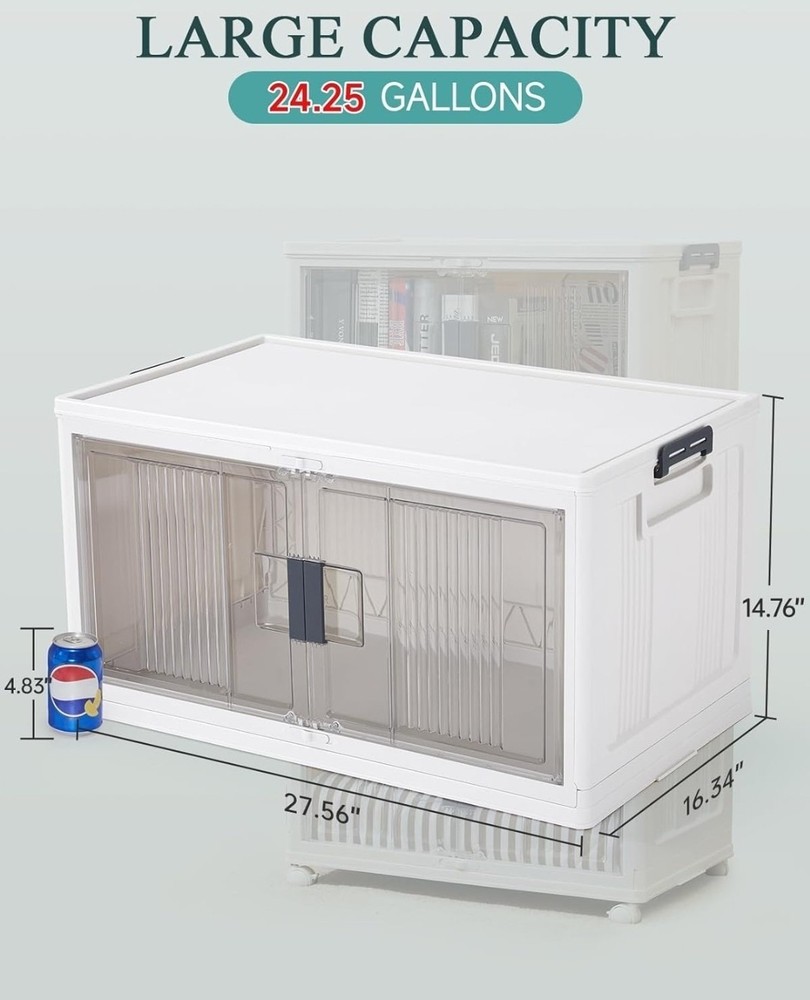 OlarHike 97QT Stackable Collapsible Plastic Storage Bin, Wheeled, White, 4 Pack