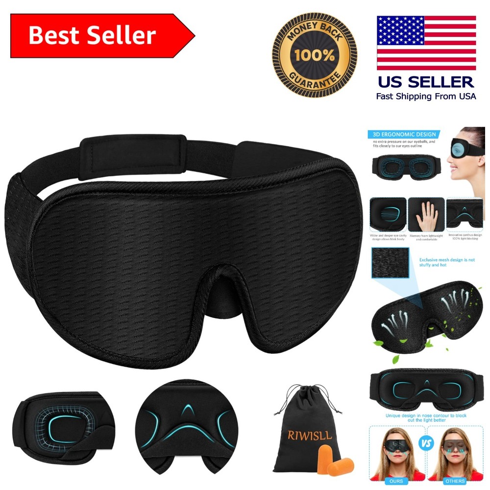3D Contoured Cup Eye Mask - Comfortable Black Sleep Mask with Adjustable Strap