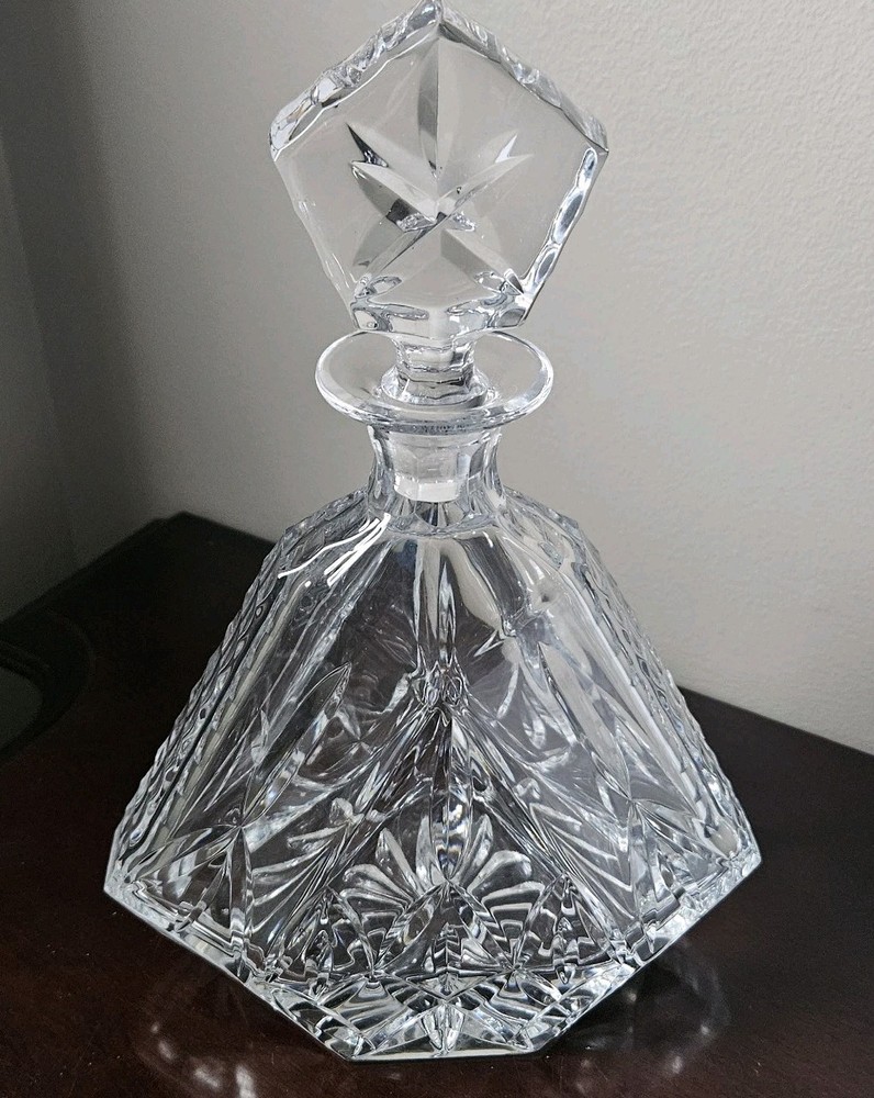 Vintage Block Cut Crystal Triangular Decanter & Stopper Olympic Pattern Heavy