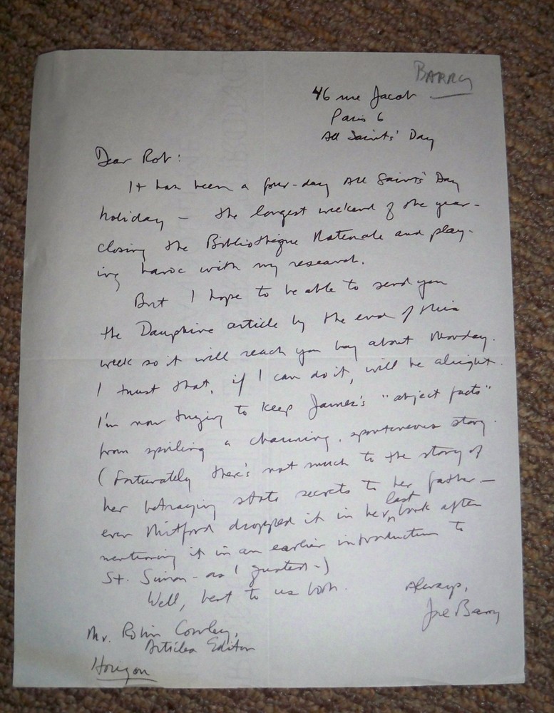 Joseph Barry Signed  Letter Author, Writer