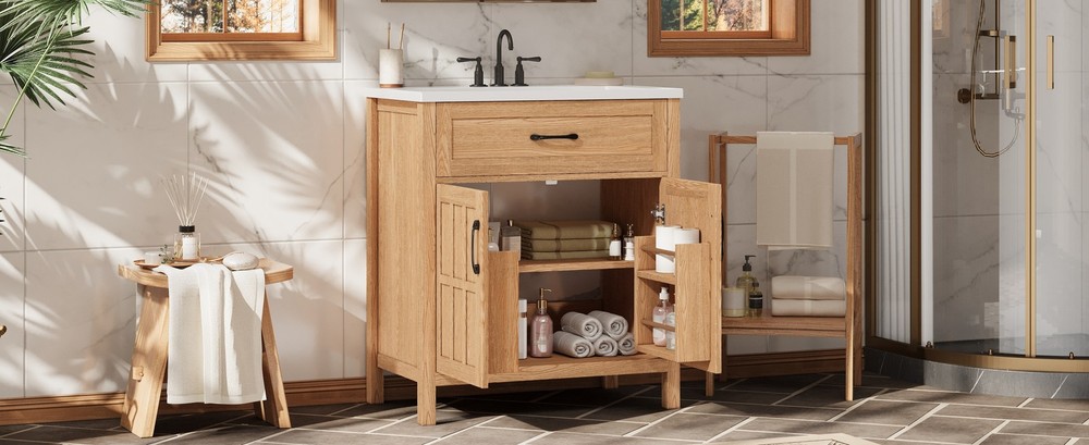 30" Bathroom Vanity with Resin Sink & Door Organizer, Solid Wood Frame