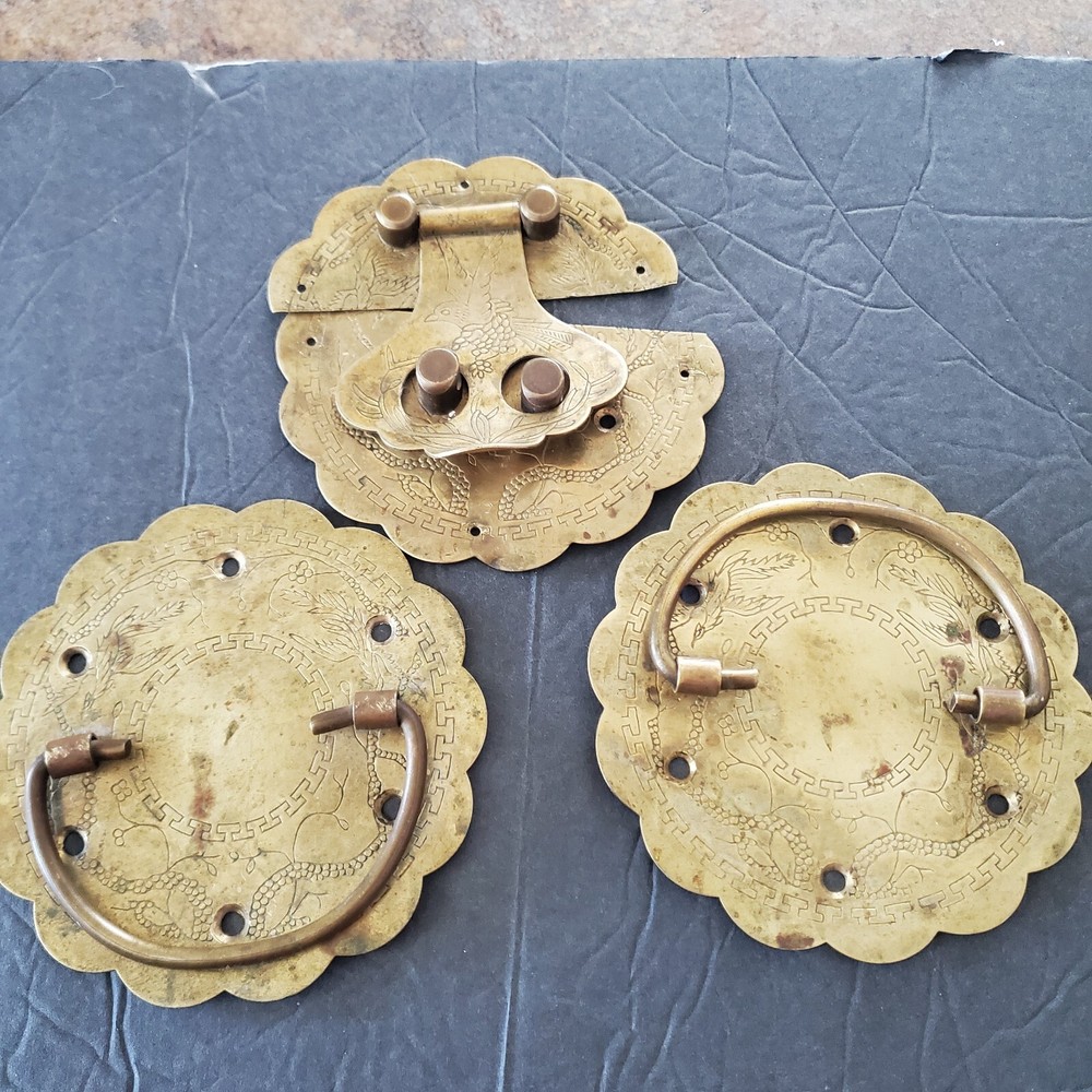 Vintage Asian Solid Brass Hardware Handles Latch for Trunk or Box