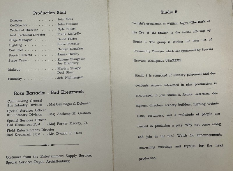c1961 Studio Play Program USAREUR Rose Barracks Bad Kreuznach Germany Military