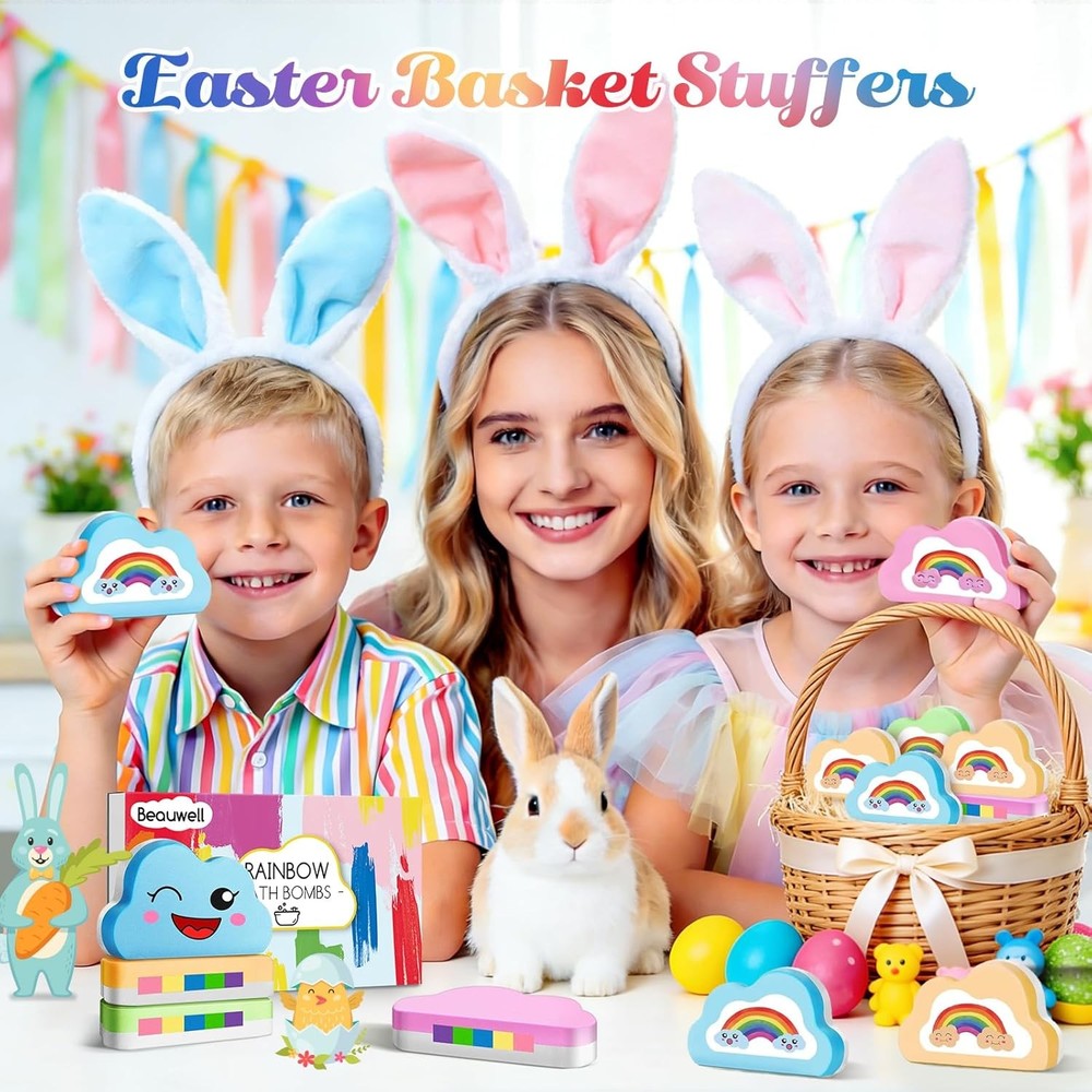 Rainbow Bath Bombs for Kids, Handmade 4 Pcs Kid Bath Bombs Gift Set, Easter Bask