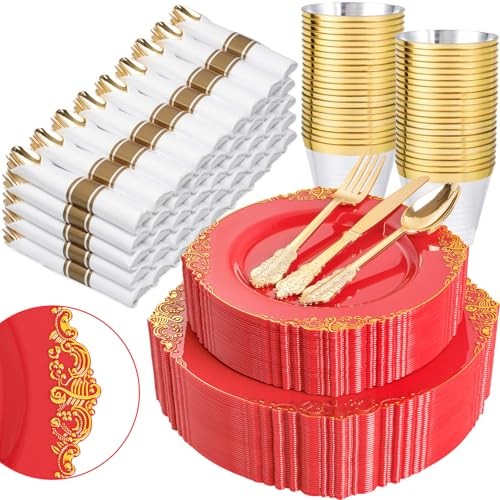 350PCS Plastic Plates - Gold Plastic Dinnerware Sets for 50 Guests - 100 Red