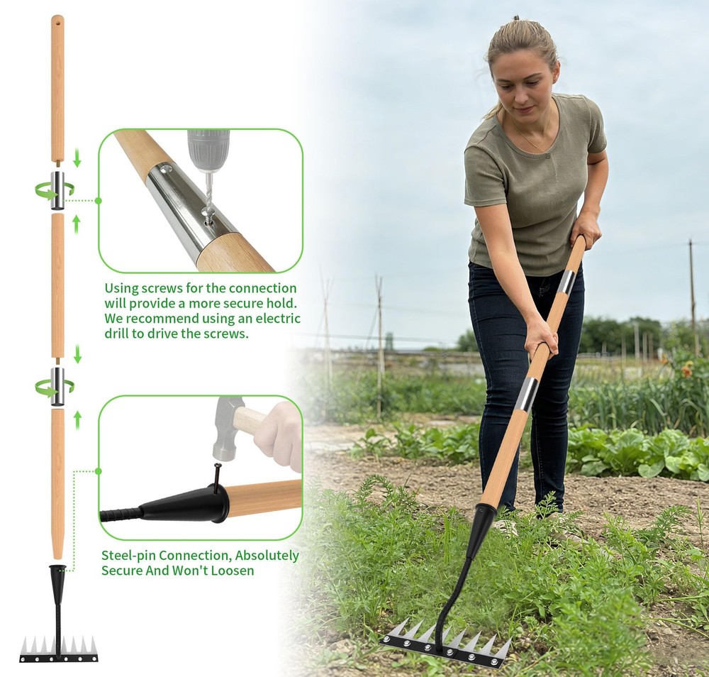 ATLRGISL Iron Weed Rake with Wooden Long Handle 2.0, 8 Teeth Weed Puller Tool...