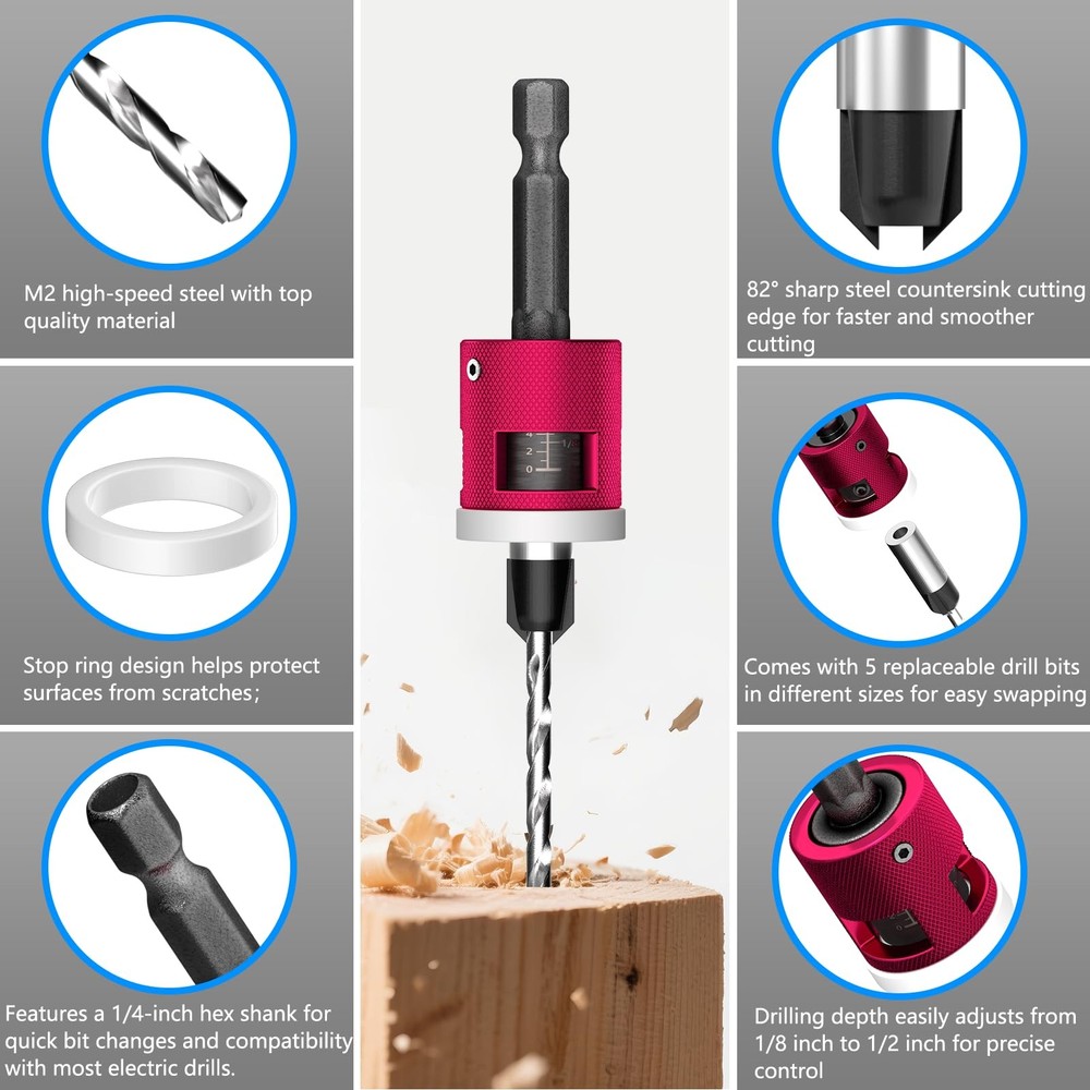 5-Piece Countersink Drill Bit Set with Adjustable Depth Stop, 1/4" Hex Shank ...