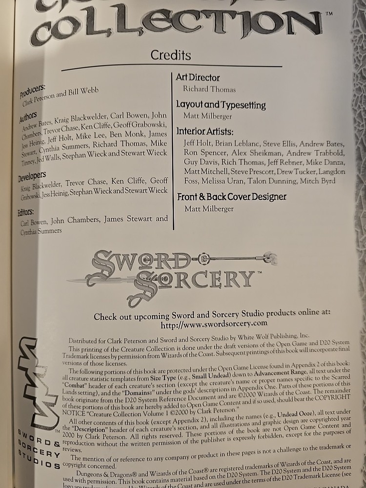 2000 D20 Sword Sorcery Creature Collection Core Rule Book WW8300