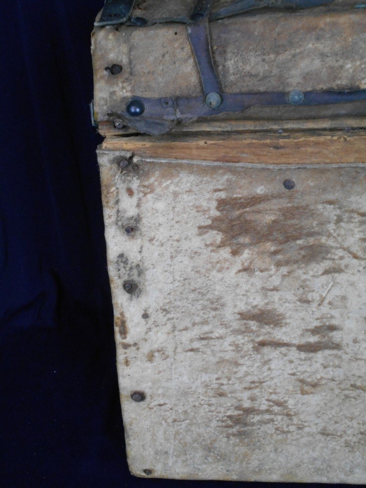 ANTIQUE PRIMITIVE HIDE COVERED DOME TOP TRAVELING TRUNK