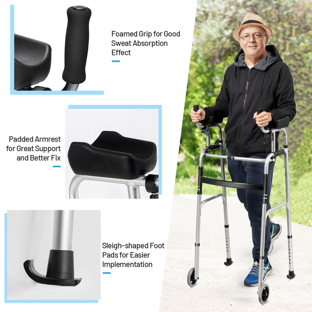 Folding Walker Adjustable Walking Frame Aluminum Walking Aid w/ Wheels Silver