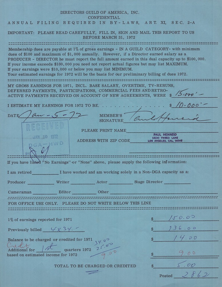 PAUL HENREID - DOCUMENT SIGNED 01/05/1972
