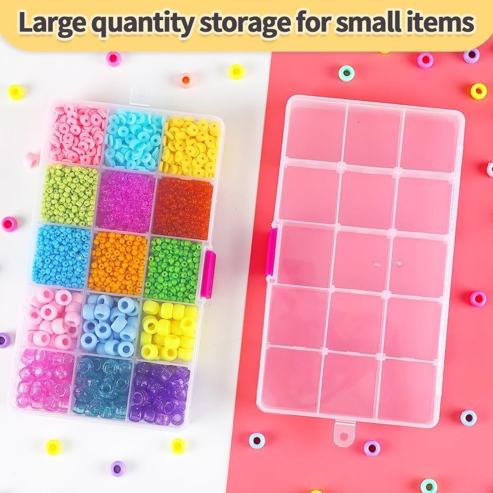 Clear Plastic Bead Box with Secure Lock and Customizable Grids - 15 Compartment