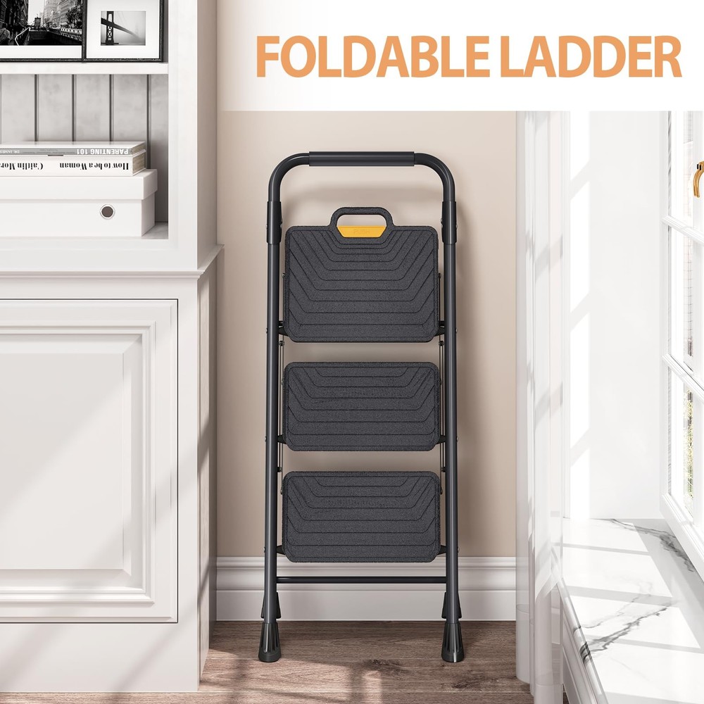 TOOLF 3 Step Ladder, Sturdy Steel Stool with 3 Black