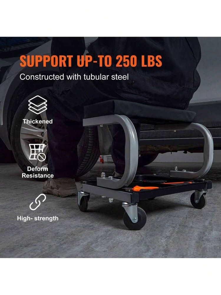 Black garage work stool with wheels, 250 lbs capacity, padded.