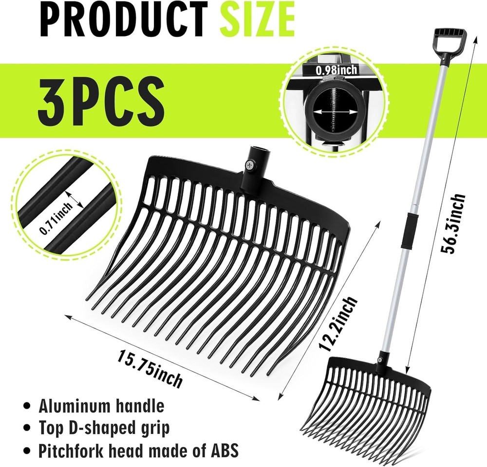 3 Sets Black Manure Fork with Long Metal Handle Pitch Fork Manure Rake Heavy ...