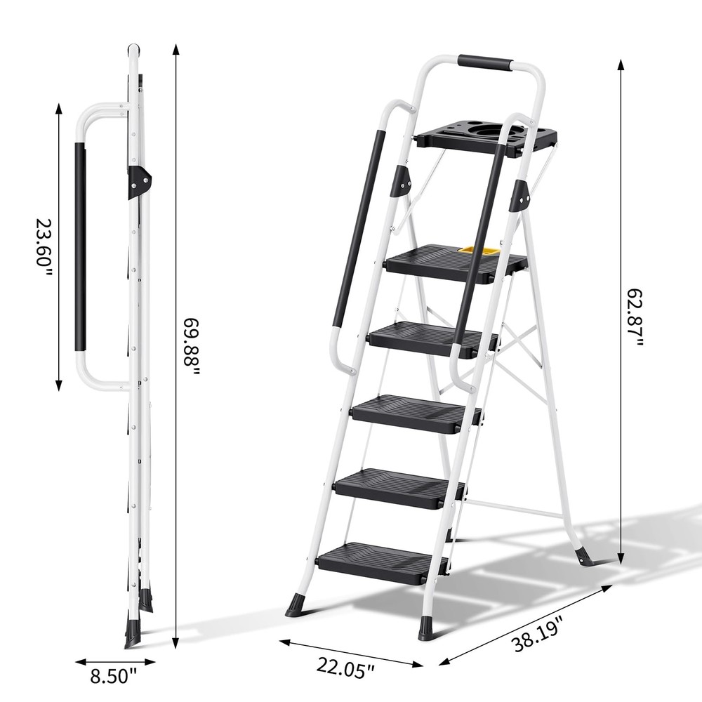 KINGRACK Folding 5-Step Ladder, 800 lbs Capacity Step Stool 5-STEP, White