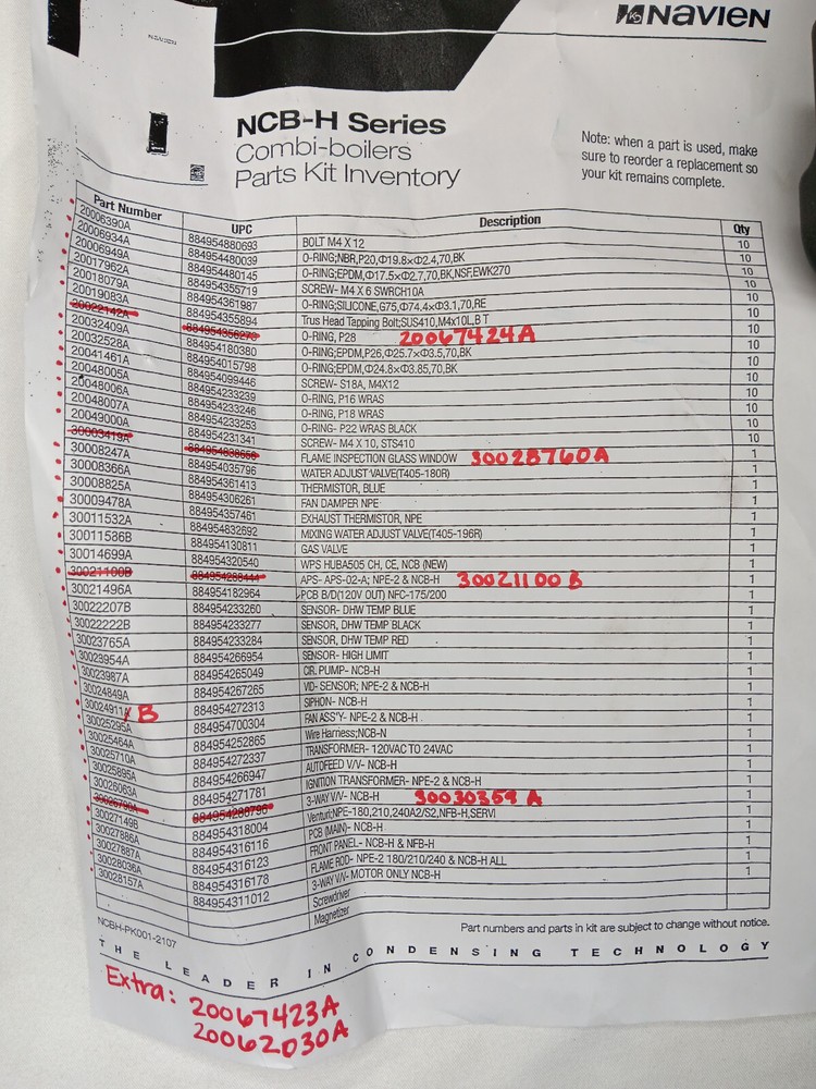 Navien NCB & NCB-E Series Combi-Boilers Parts Kit 30028684A *Read Description*