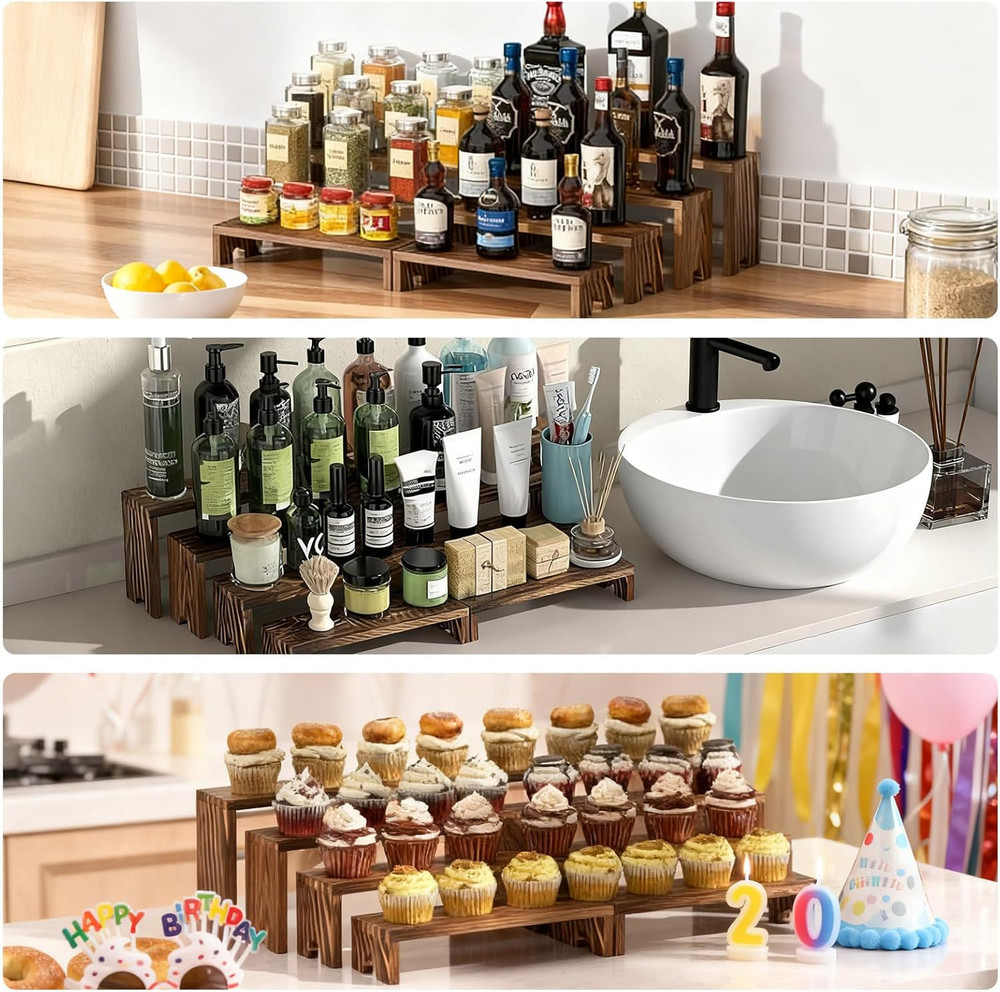 Stackable Wooden Cupcake Stand Set - Tiered Riser Display (Dark Brown, 2 Pack)