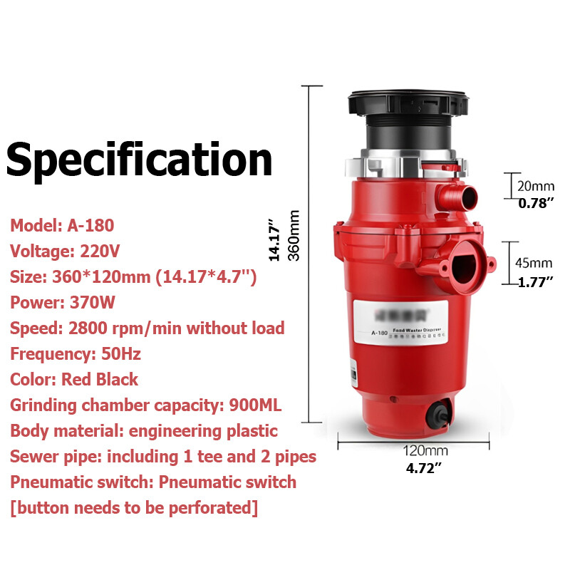 220V 370W Kitchen Food Waste Processor 900ML Disposer Disposal Garbage Crusher