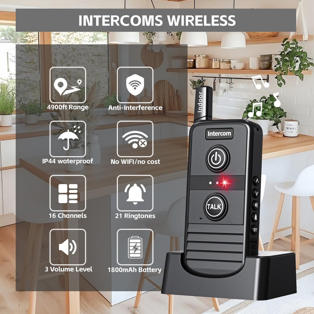Wireless Home Intercom System 2 Pack Long Range 4900ft Waterproof Office House