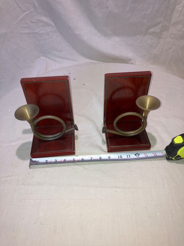 1970 Vintage Brass Horn horn and mahogany bookends