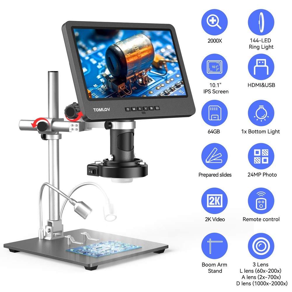 TOMLOV 10" Digital Microscope 2000x Soldering Microscop Flexibable Arm Stand