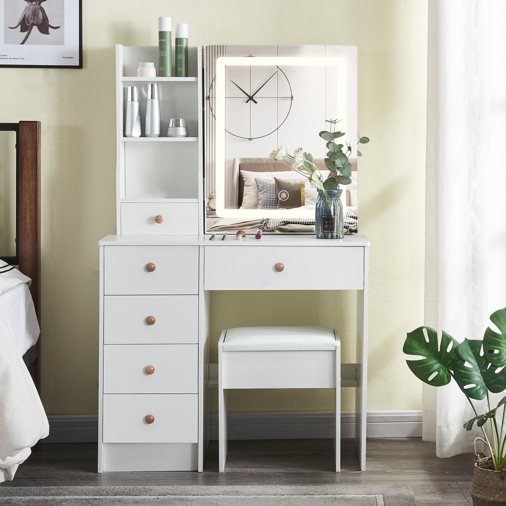Makeup Dressing Table Set With Sliding Storage Space Vanity Mirror and Stool US