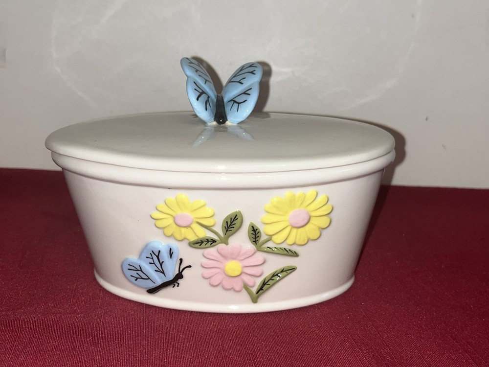 BLUE BUTTERFLY & YELLOW FLORAL OVAL CERAMIC LIDDED BATHROOM HOLDER ACCESSORY EUC