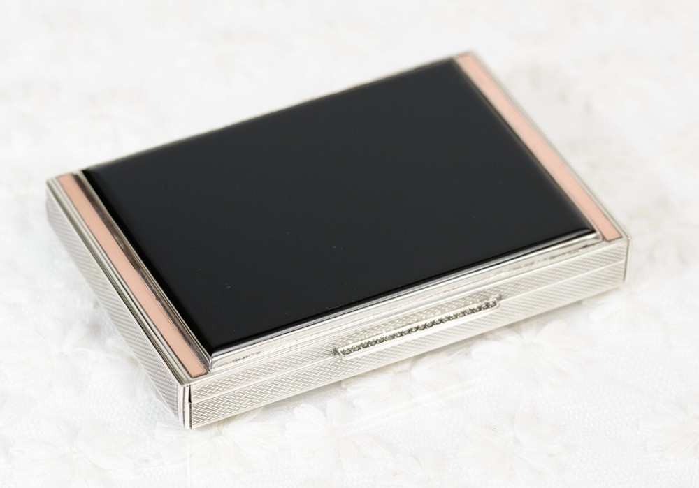 Art Deco Solid Sterling Silver Rose Gold & Onyx Box / Case - Hallmarked 1936