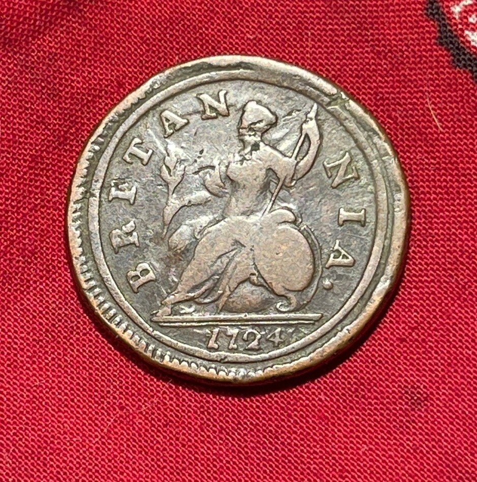 **Authentic 1724 George I, Large Pre-Revolutionary War Halfpenny Nice Example