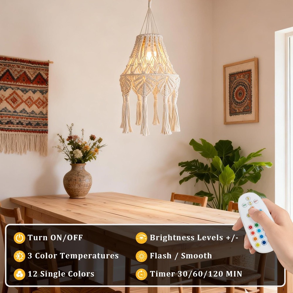 Boho Chic Macrame Pendant Lights with Tassels, Remote Control Dimmable Timer ...