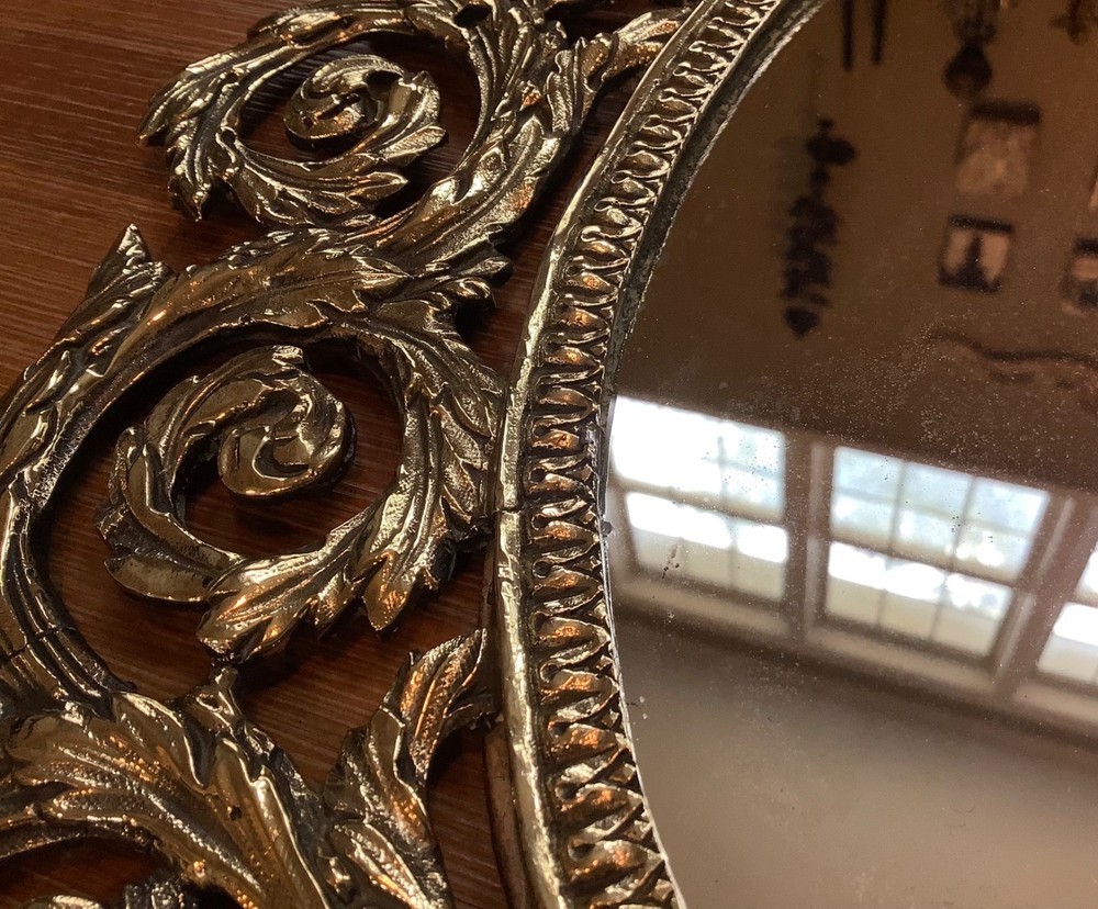 Ornate Victorian Solid Brass Oval Wall Mirror Bow & Laurel Rosettes 18” x 14.5”