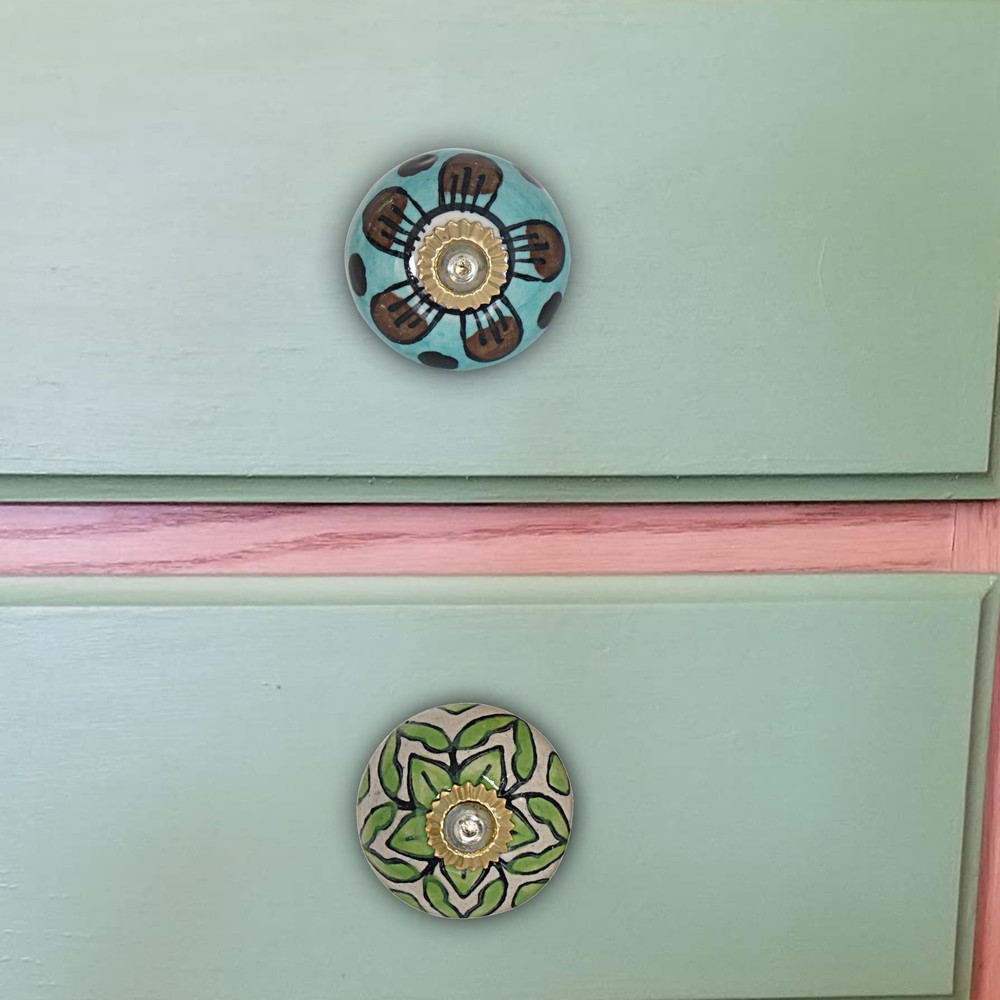 Cabinet Knobs and Pulls - Indian Vintage Pottery Ceramic Kitchen Cupboard Dra...