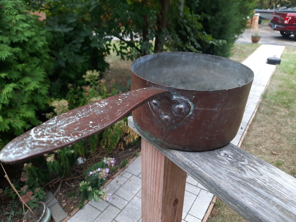 Antique Primitive Copper Pot 10” , Long Handle Hravy Copper