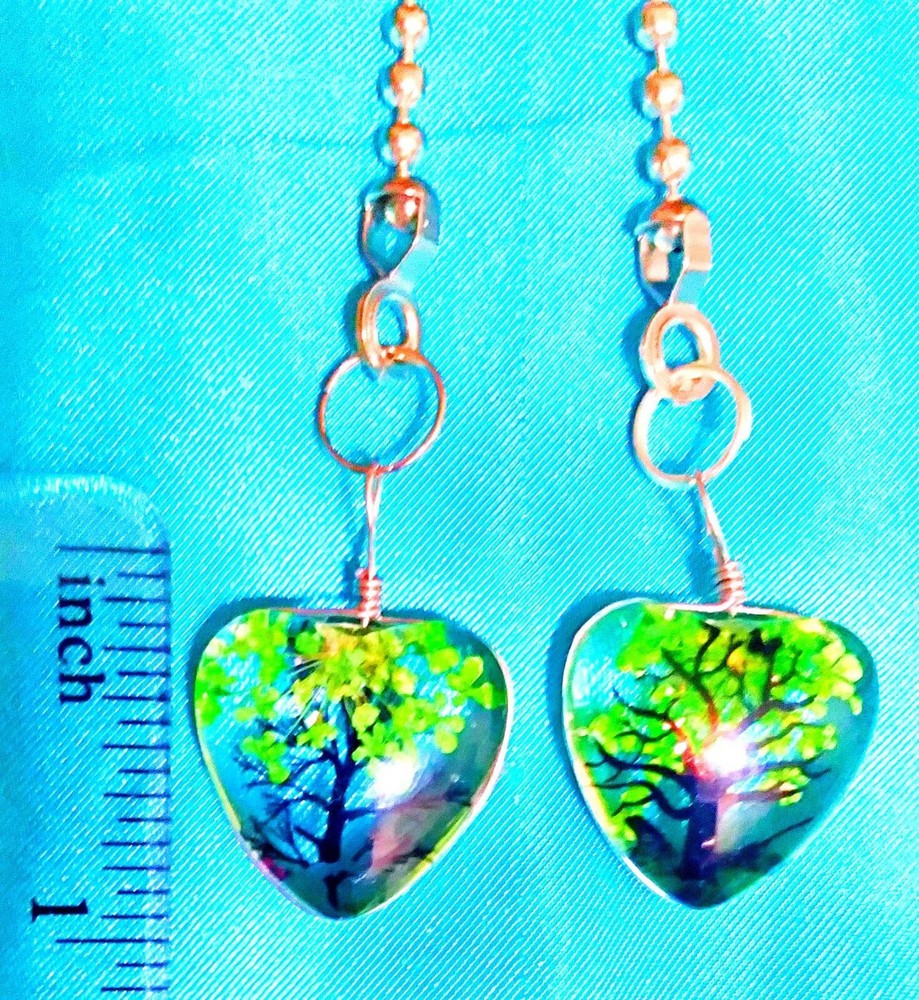 Set of Two ~ GREEN TREE HEART Acrylic ~ Ceiling Fan Pulls
