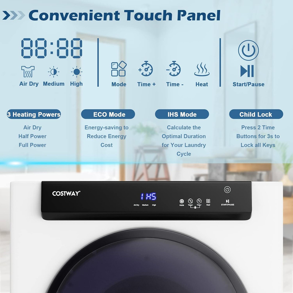 Compact Portable Dryer, with Touch Panel, 2 Modes, 3 Heating Powers and Adjustab