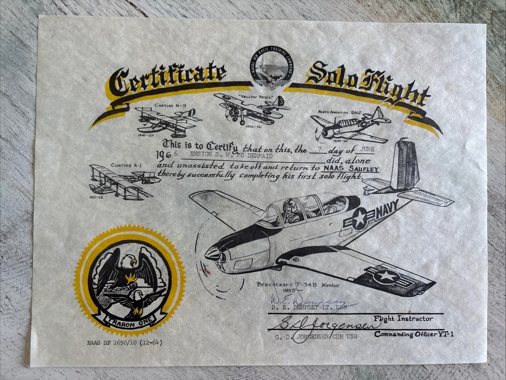 US Navy Certificate of FIRST Solo Flight 1966 NAMED