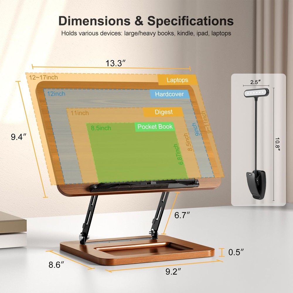 Book Stand for Reading with Light, Book Holders for Reading Hands , Adjustabl...