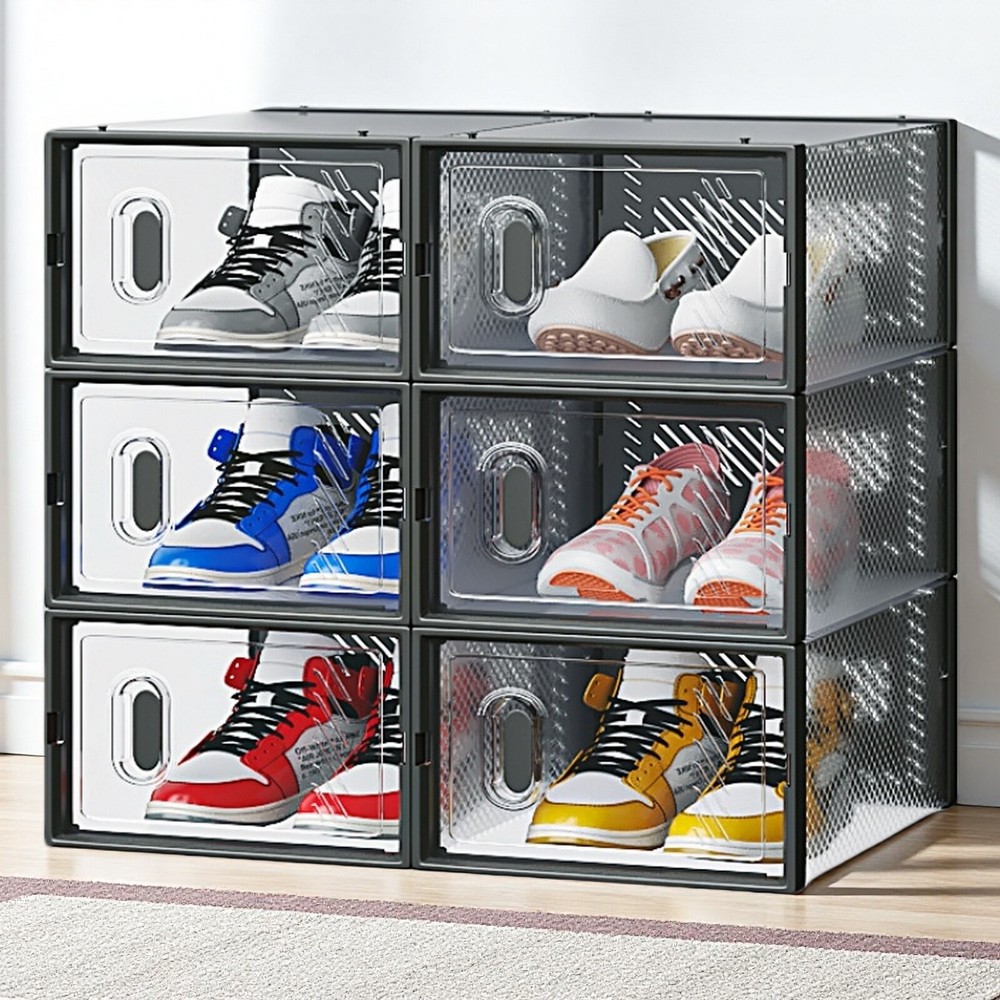 6-Pack Shoe Storage Boxes - Stackable, Plastic Mesh, Door, Black & Small Size